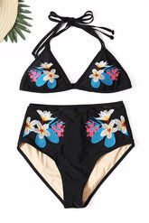 Black Embroidery Mesh Splicing High-waisted Swimsuit
